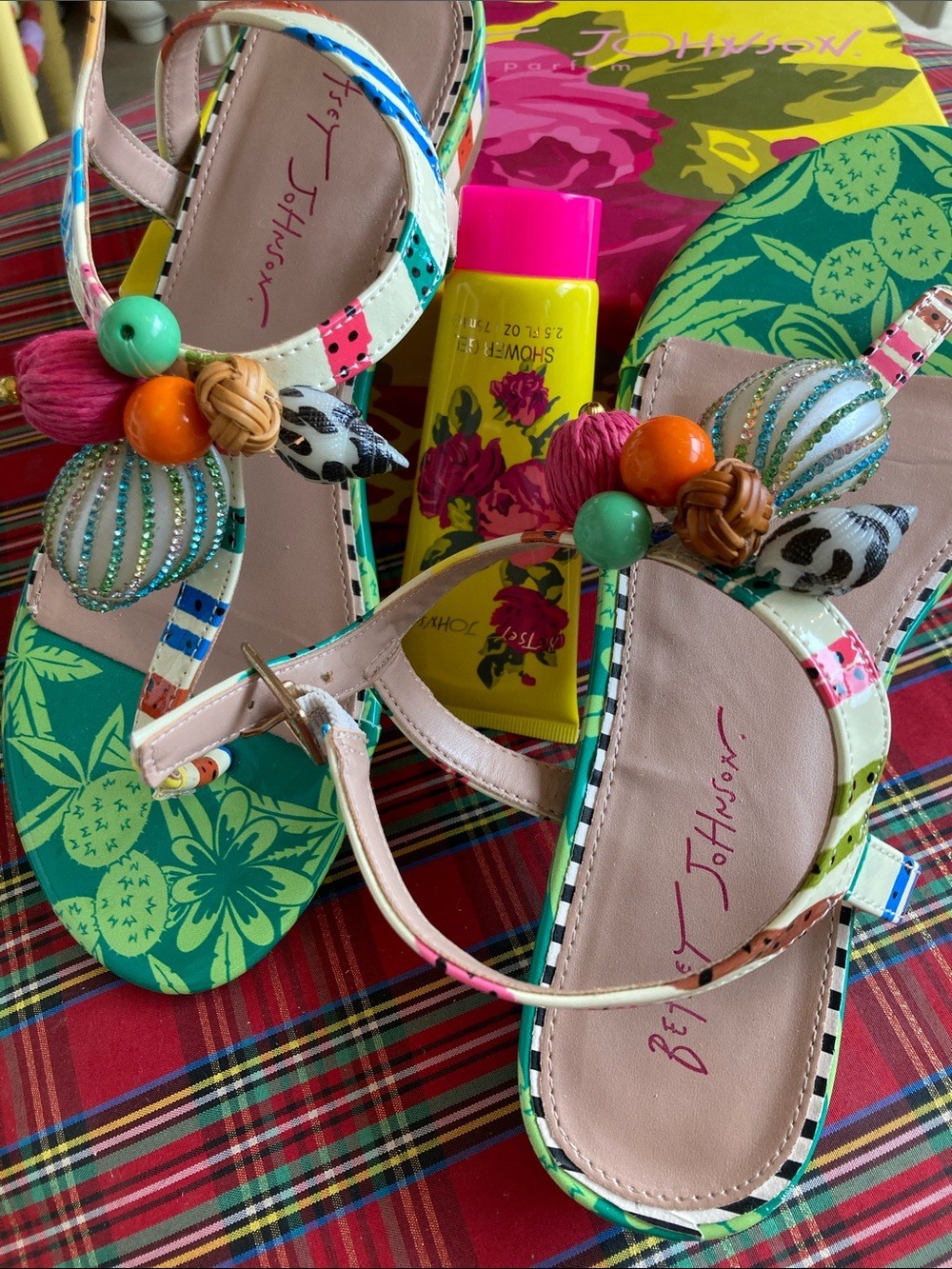 Betsey Johnson Multicolor Green Pink Orange Beaded T-Strap Sandals